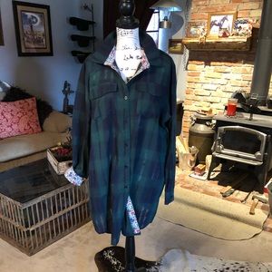 Shear Dark Green Plaid Shirt Dress w/Floral Detail